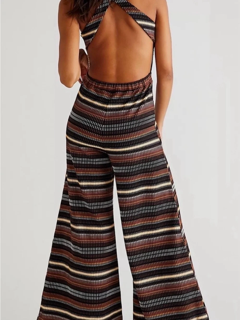 Free People Dixie Strapless Brown Black Cream Multi-Stripe Wide-Leg Jumpsuit